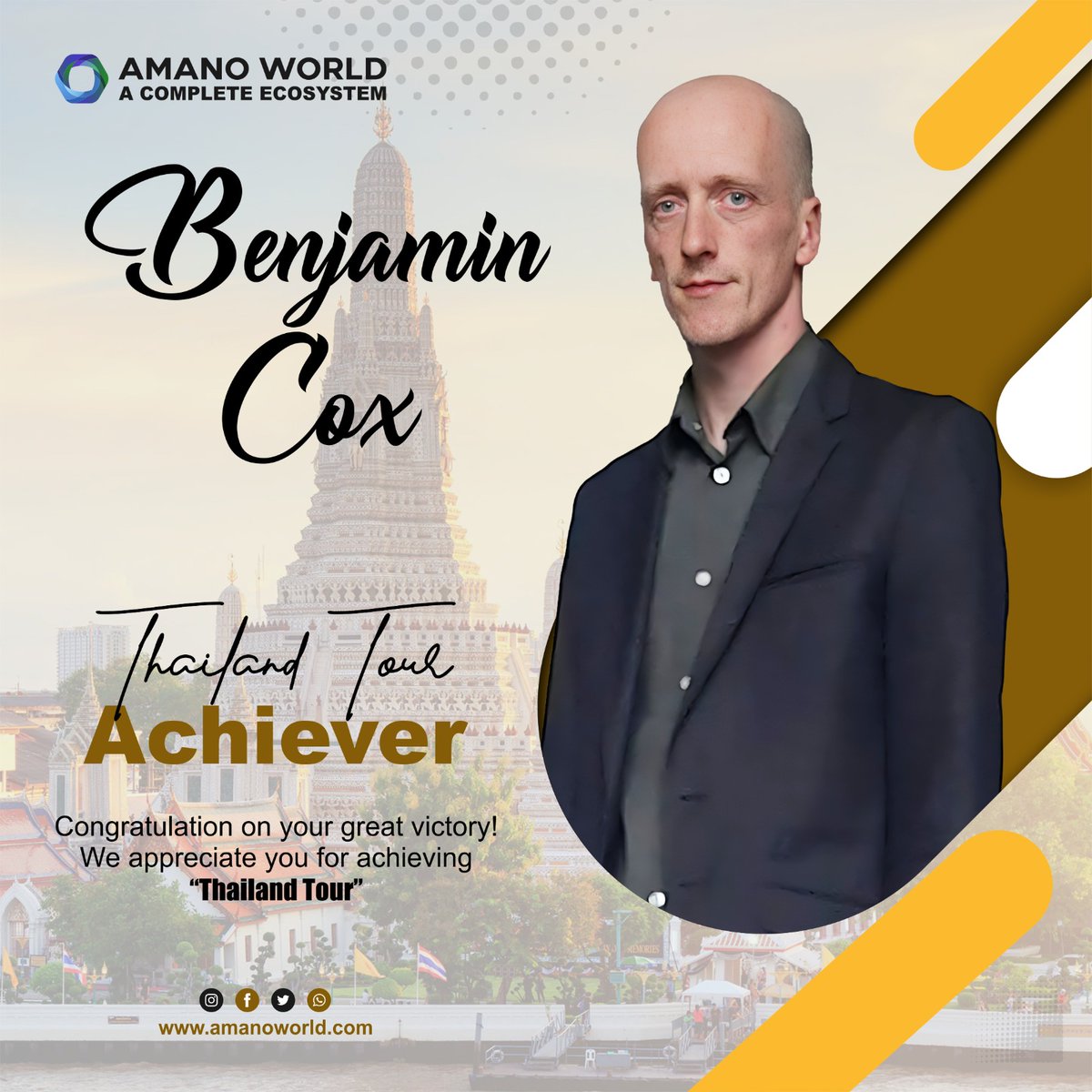 amanoworld1's tweet photo. Congratulation to MR. BENJAMIN COX for achieving Thailand luxurious tour.
This achievement represents the epitome of success and leadership in Amano World.
Let's all continue to work together towards achieving our goals and reaching new heights in Amano World. https://t.co/IDK8MeJ4M1