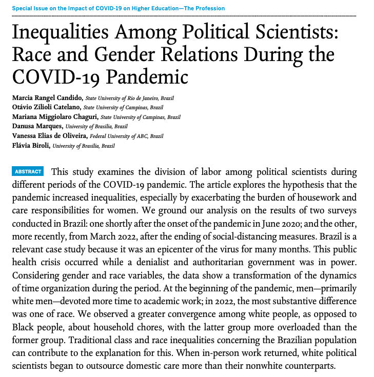 MarciaRCandido's tweet photo. 😍Our article on #Inequalities in #PoliticalScience has just been published in @ps_polisci. 

In line with several other studies on gender inequalities in academia, we show that the social isolation phase of the pandemic had a particular impact on women's work routines (1/4). https://t.co/p1UcXHNbIo