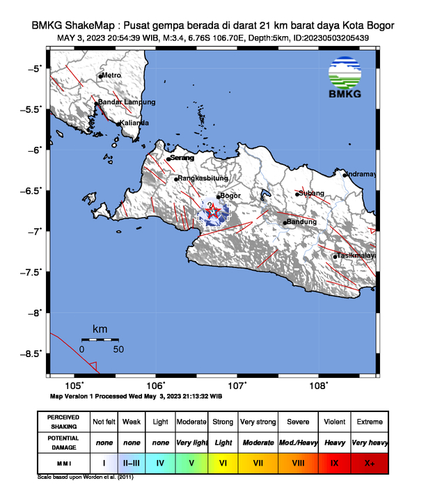 infoBMKG's tweet photo. #Gempa (UPDATE) Mag:3.4, 03-Mei-23 20:54:39 WIB, Lok:6.76 LS, 106.70 BT (Pusat gempa berada di darat 21 km barat daya Kota Bogor), Kedlmn:5 Km Dirasakan (MMI) III Caringin, III Cibadak, III Cimangu, III Cicuruk, II Sukabumi, II Bogor, II Pelabuhan Ratu #BMKG https://t.co/ff7dWeUUwE