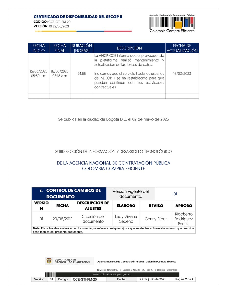 DagmaOficial's tweet photo. Teniendo en cuenta que el #secop2 presenta falla generalizada desde este 02 de mayo de 2023 a las 5:01 a.m., según certificado adjunto de @colombiacompra, se reprogramará audiencia de asignación de riesgos y aclaración de pliegos (Hilo 1/2) https://t.co/5C3YOUwOcb
