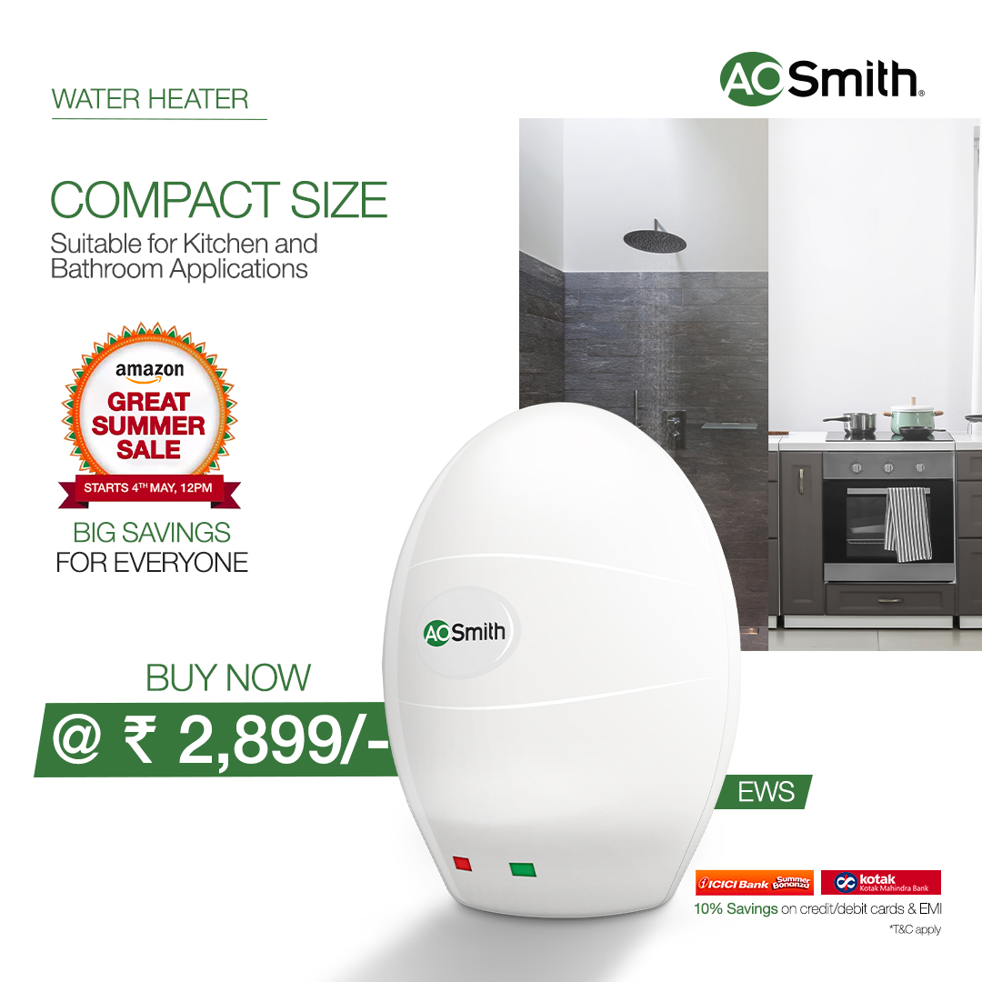 The Amazon Great Summer Sale is here! Get instant hot water with a water heater that perfectly fits your bathroom or kitchen. Upgrade to a powerful and compact geyser - the A. O. Smith EWS at only ₹2,899/- 
Link: amzn.to/3w45Ohs 
#AOSmith #EWSWaterHeater #GreatSummerSale
