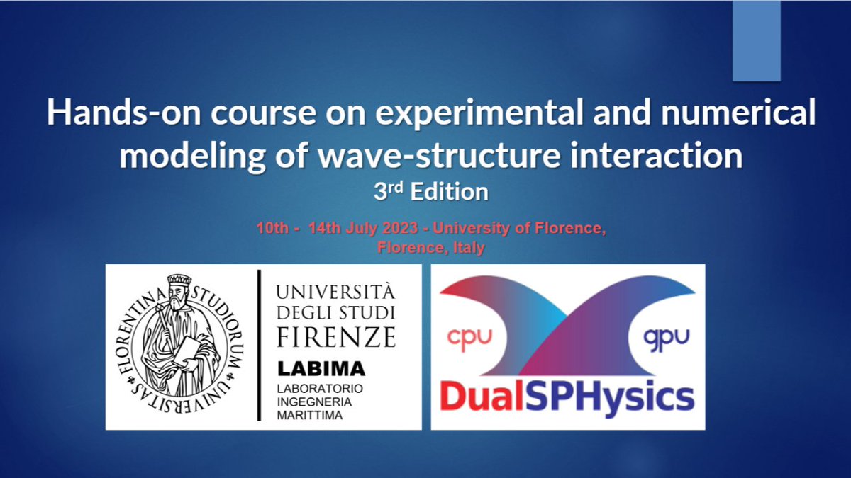Only a few more weeks to apply for the 3rd Edition of the Training School “Hands-on course on experimental and numerical modelling of wave-structure interaction” (Florence, 10-14 July 2023)
Info &amp; registrations at: sites.google.com/unifi.it/hands…
<a href="/UNI_FIRENZE/">Università di Firenze</a> 
<a href="/DualSPHysics/">DualSPHysics</a>