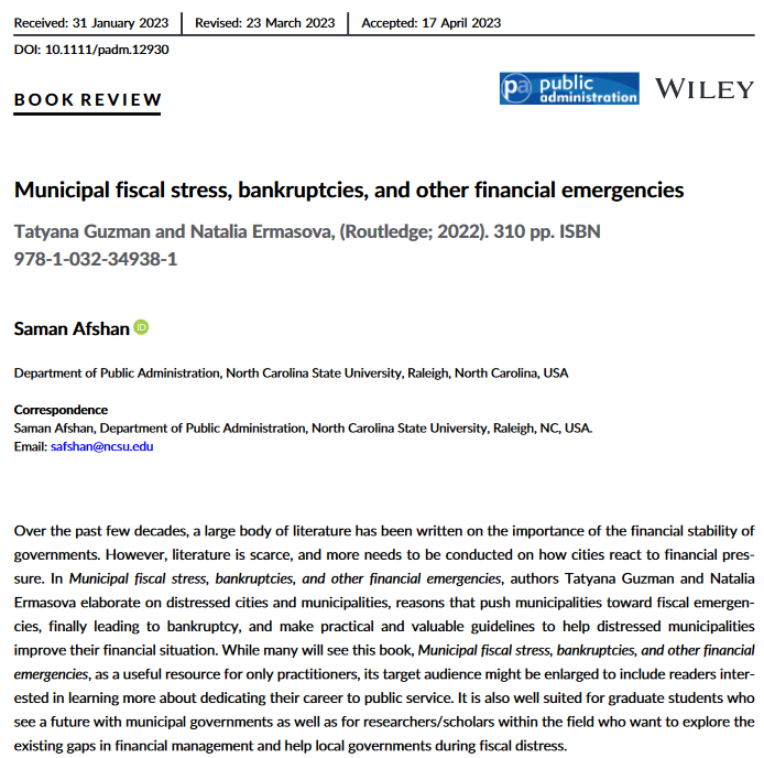 Early View Book Review! 
Make sure to read <a href="/SamanAfshan/">Saman Afshan</a>'s thoughtful review of "Municipal fiscal stress, bankruptcies, and other financial emergencies" by Tatyana Guzman &amp; Natalia Ermasova! <a href="/NCStateSPIA/">NCStateSPIA</a>
doi.org/10.1111/padm.1…