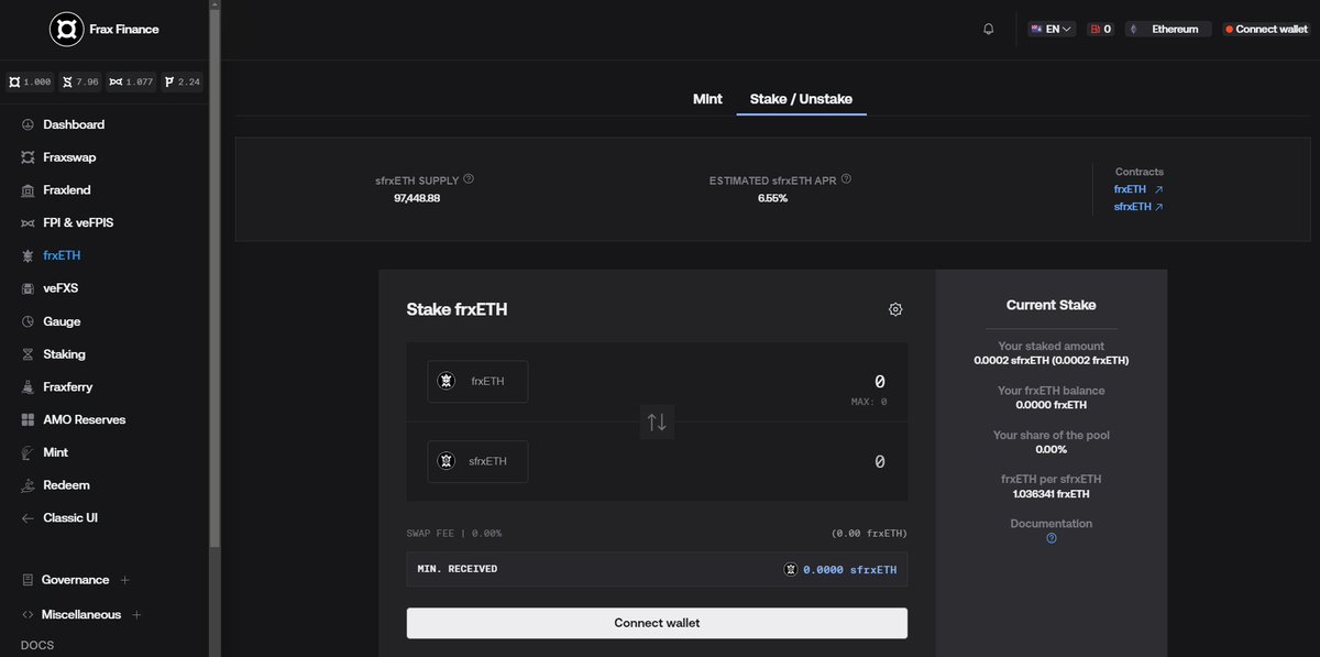 5. frxETH + sfrxETH 🦾

Current APR: 6.55%

Last but certainly not least is <a href="/fraxfinance/">Frax Finance ¤⛓️¤</a>, whose dual-token ETH liquid staking system is the highest-yielding in DeFi right now.

Mint frxETH with ETH, then stake frxETH to start earning staking rewards via sfrxETH!

6/7
