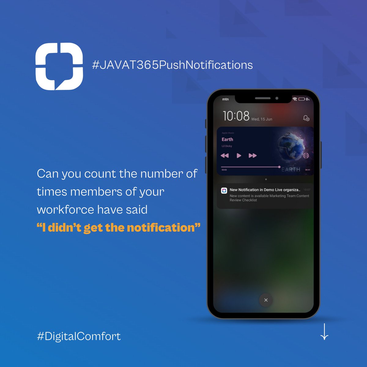 JAVAT 365 utilizes push notifications to help you stay on top of tasks, updates and keep everyone in the loop. No one is going to say they didn't get the notification 😃🎉

#pushnotifications #JAVAT365 #DigitalComfort #SmartTeams #CreateCollaborateCommunicate #ProductivityTools