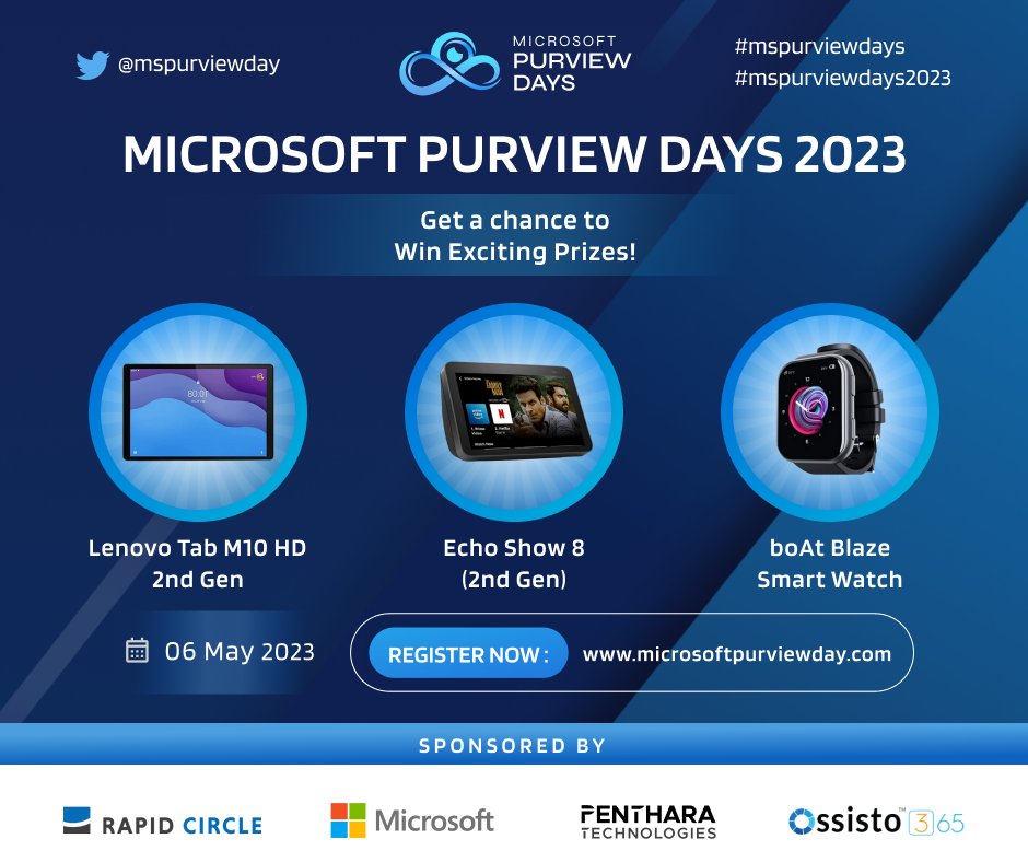 mspurviewday's tweet photo. Exciting prizes! 🎉  
Get ready to win big at Microsoft Purview Days 2023. We're giving away amazing prizes, Don't miss out on this chance to learn and win.  

Register now: https://t.co/cPcVgwRpsc 

#microsoftpurview #mspurviewdays #mspurviewdays2023 #Pentharagalaxy https://t.co/SnhkwnAq4H