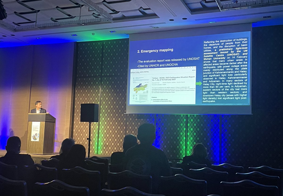 UNOSAT's tweet photo. Prof. Xi Li from @WHU_1893 presented the use and potentials of night-time light data in emergency mapping at #GIS4SW using the example of collaborative work with @UNOSAT - A preliminarily light-loss assessment following the #earthquake in #Turkyie and #Syria in February 2023 📍 https://t.co/BVC9osu92d
