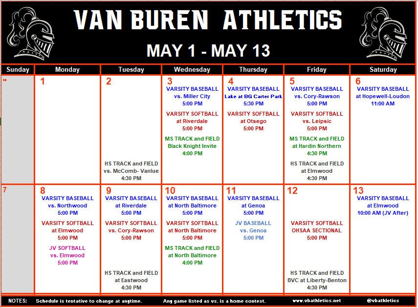 VB_Athletics's tweet photo. Van Buren Athletic Schedule Updates. Please note the rescheduled baseball and softball contests. #GoVB https://t.co/rPQAjlOyuy