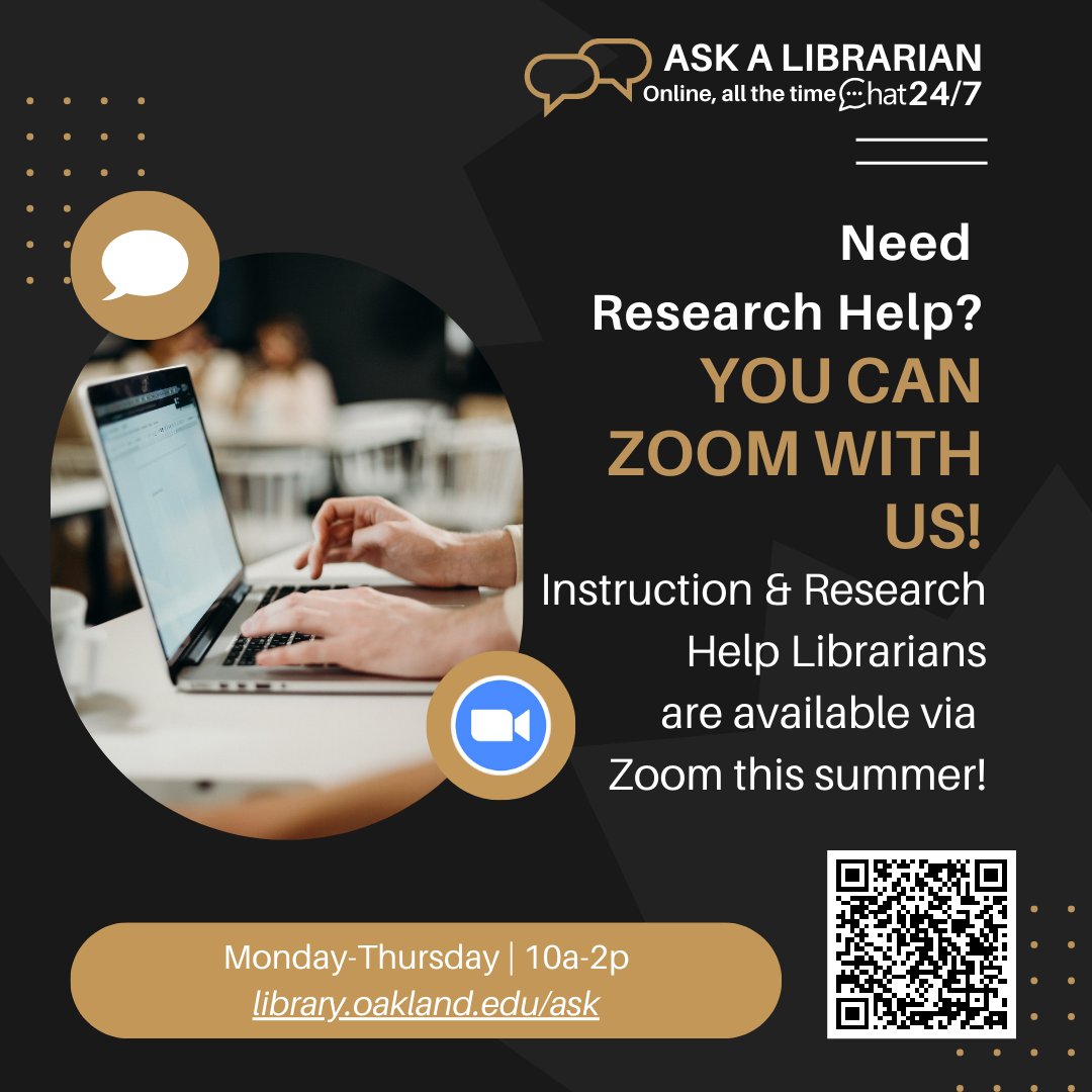 OULibraries's tweet image. Have a quick question? Drop-in to Zoom with a Librarian. 10a-2p, Monday-Thursday! Visit library.oakland.edu/ask for details.