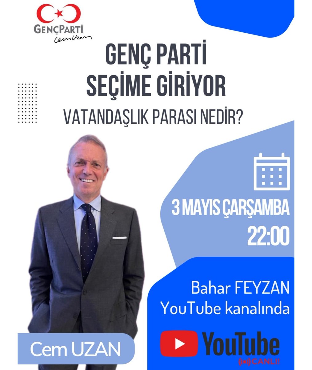 gencpartimugla's tweet photo. Genç Parti Kurucu Genel Başkanımız Sn Cem Uzan'ın katılacağı youtube canlı yayını bugün saat 22:00 da kaçırmayınız. 
#cemuzan #gençparti https://t.co/jnpezStuQQ