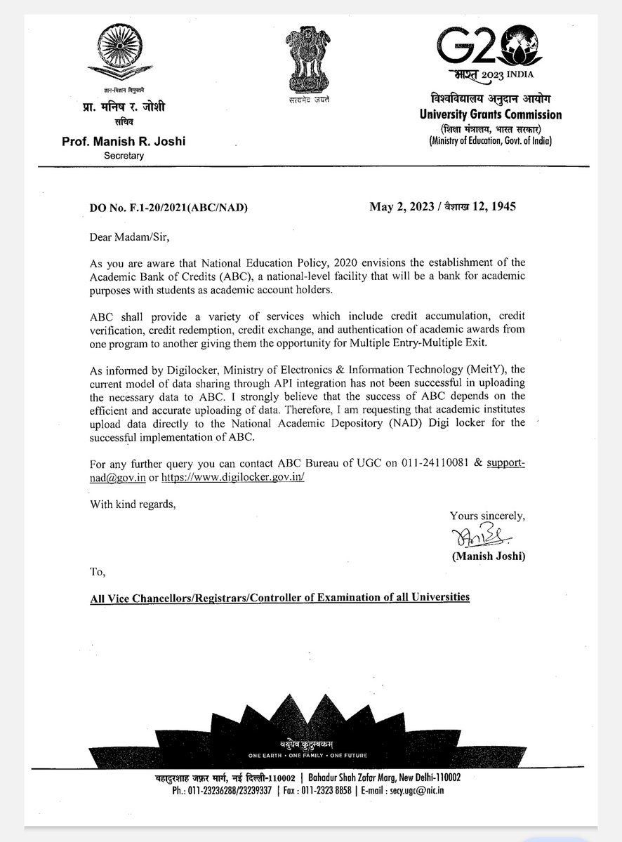 ugc_india's tweet photo. UGC letter regarding: Accurate uploading of data to National Academic Depository (NAD) Digi locker for successful implementation of Academic Bank of Credits (ABC).
More details: https://t.co/wRbsWB4NiV https://t.co/9p9O4dxgGL