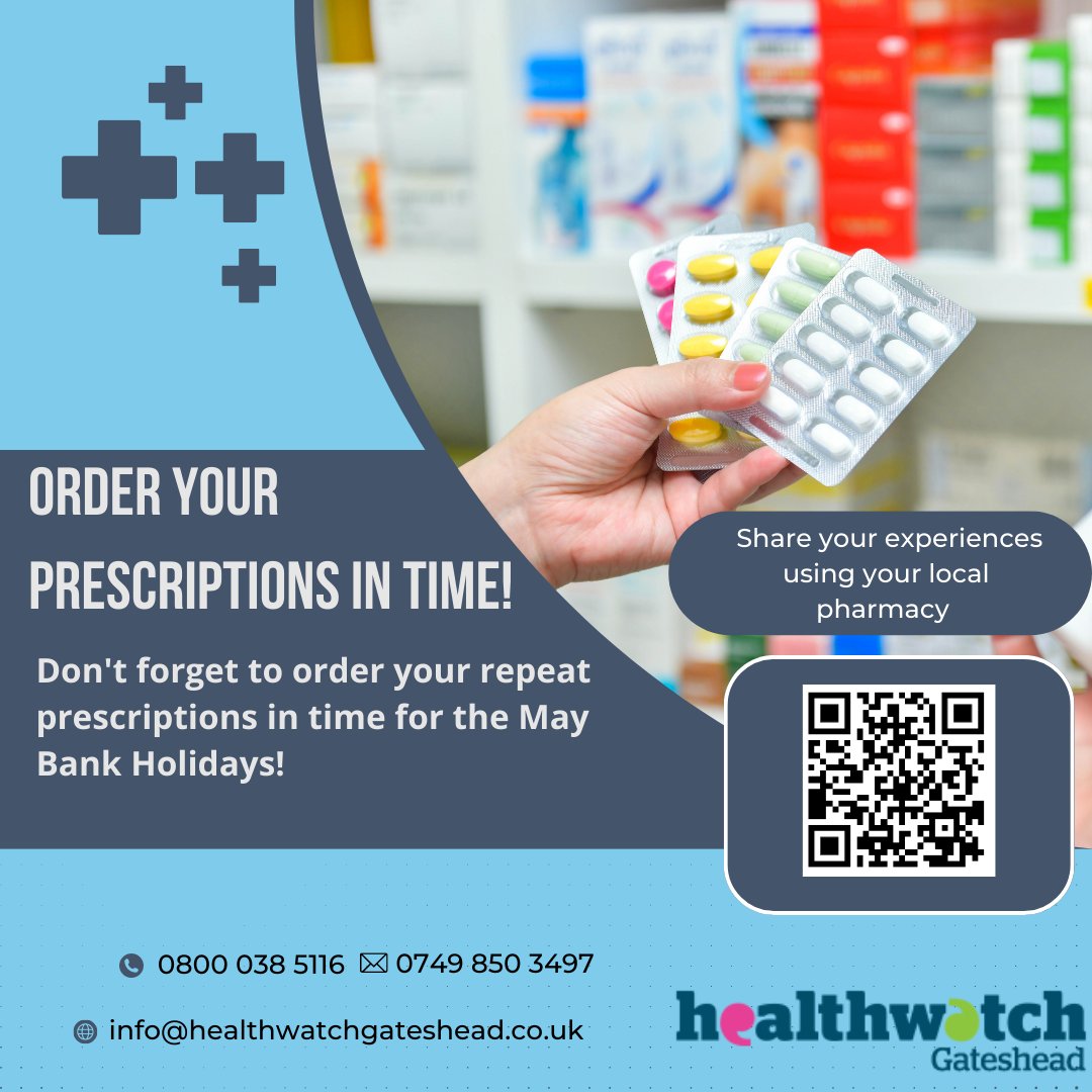 Healthwatch Gateshead (@hwgateshead) on Twitter photo Share your pharmacy experiences with us
smartsurvey.co.uk/s/yourlocalpha…
Also here is a reminder to order your prescriptions in time for bank holidays ! Share your pharmacy experiences with us
smartsurvey.co.uk/s/yourlocalpha…
Also here is a reminder to order your prescriptions in time for bank holidays !