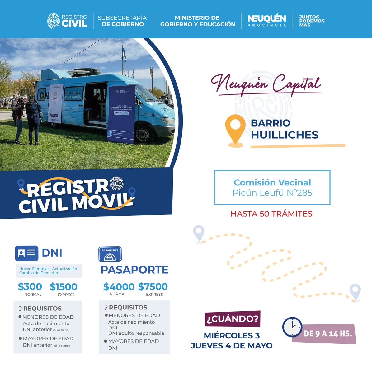 RegCivil_NQN's tweet photo. #RegistroCivilMóvil
🚚Hoy jueves 4 de mayo el Registro Civil Móvil funcionará en el Barrio Huilliches de la capital neuquina. Desde las 9 hasta las 14 horas atenderá por orden de llegada en la Comisión Vecinal ubicada en Picún Leufú Nº285.
#MinisterioGobiernoEducación https://t.co/4mb4gr2ilZ