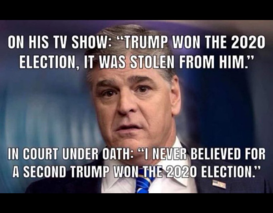 Lindsae509's tweet photo. @seanhannity Under oath Hannity even states he knew Trump LOST THE ELECTION.   He lies to you all the time too. https://t.co/A8L2Pf53mo