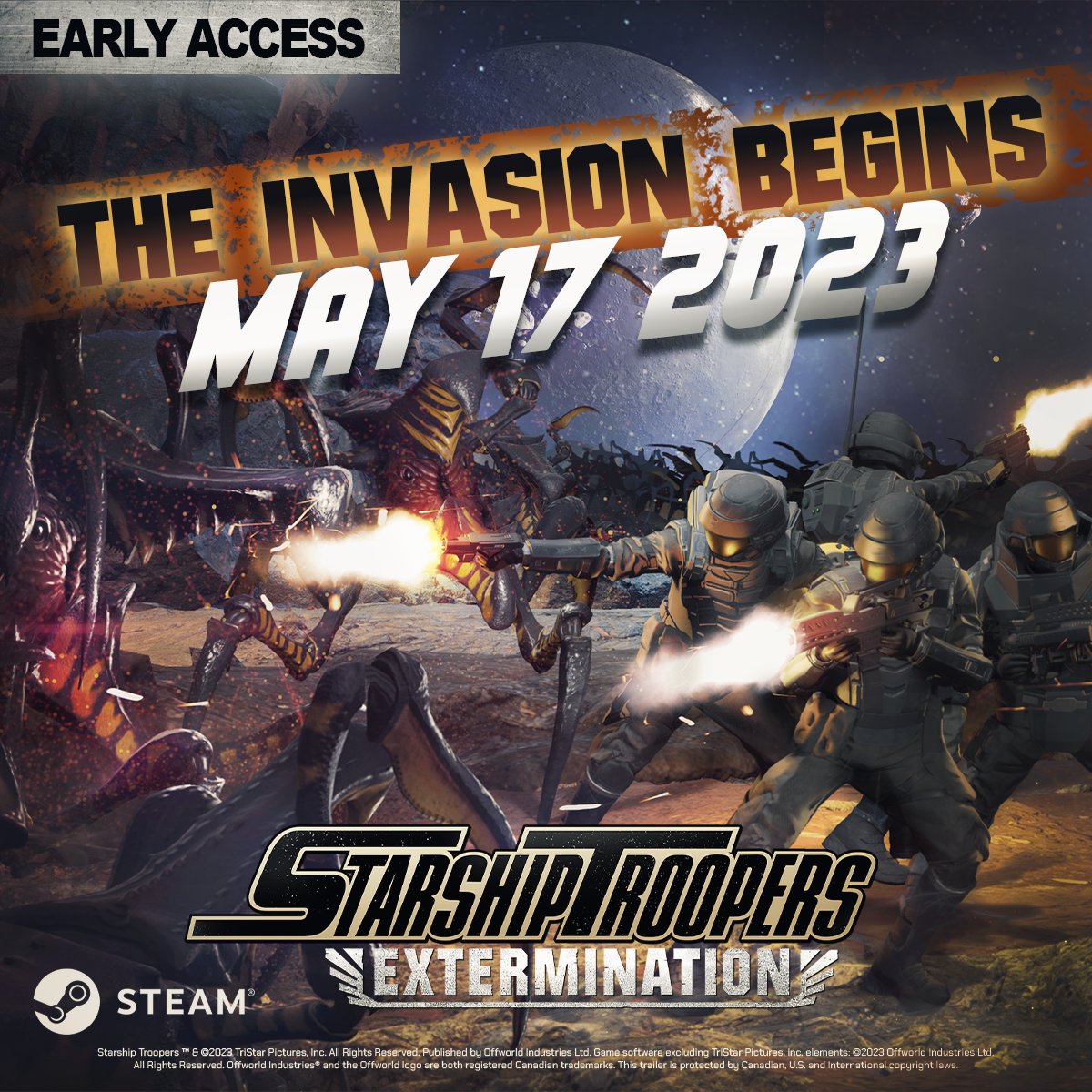 We're proud to announce Starship Troopers: Extermination launches into Early Access on May 17. Enlist in the Deep Space Vanguard: wishlist #StarshipTroopers on Steam today! store.steampowered.com/app/1268750/St…