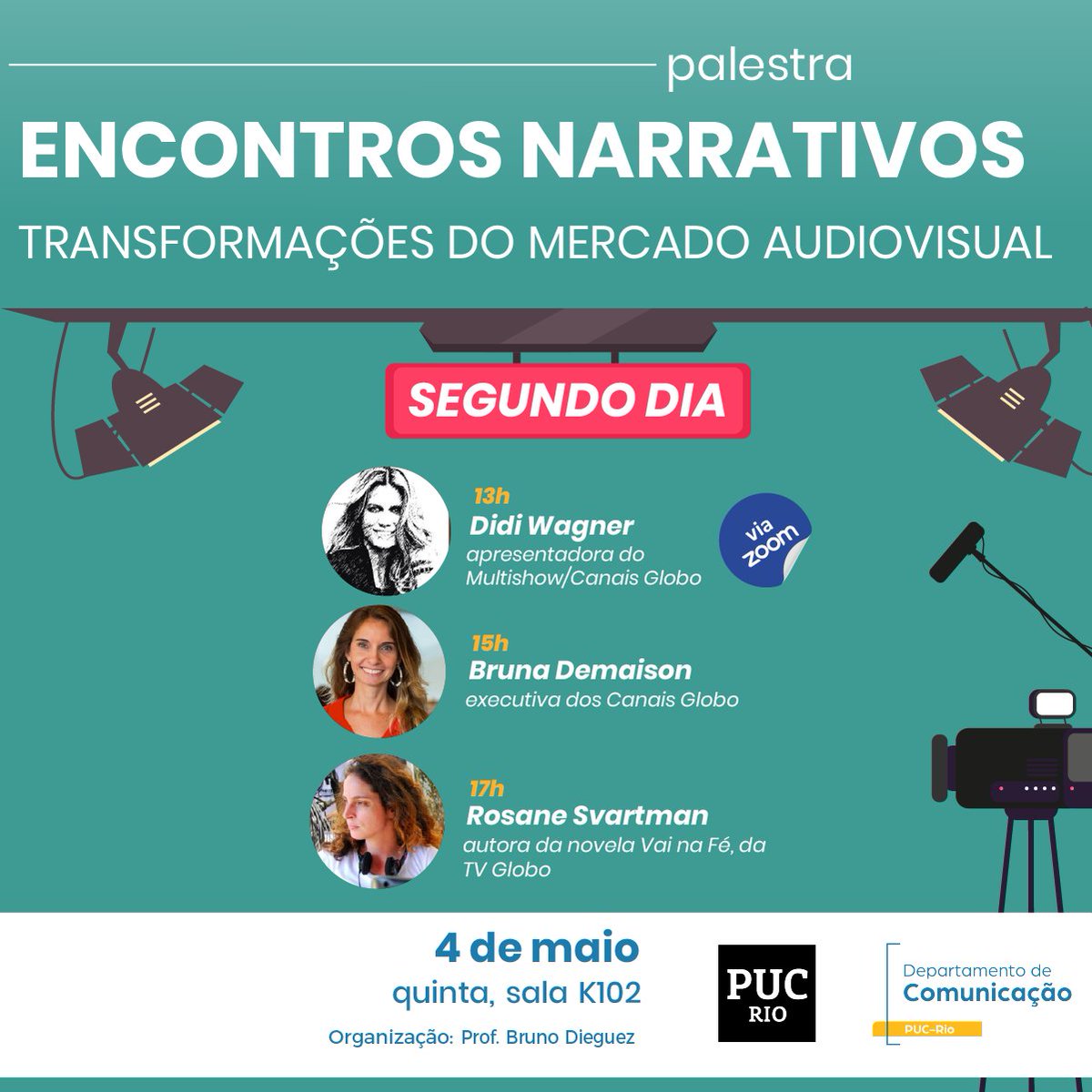 O professor de Espectatorialidades e Narrativas Televisivas, Bruno Dieguez <a href="/zeugch/">Bruno Dieguez</a>, recebe amanhã, dia 4, três mulheres inspiradoras para falar sobre o mercado audiovisual. As convidadas são Didi Wagner <a href="/didiwagner/">Didi Wagner</a>, Bruna Demaison e Rosane Svartman. Começa às 13h na K102. Vai lá!