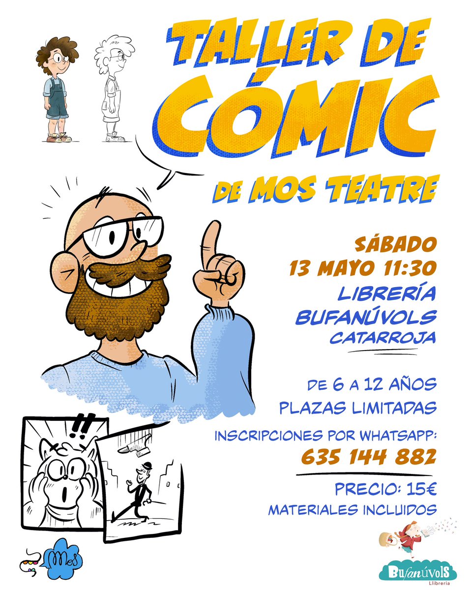 mosteatre's tweet photo. ¡Nuevo TALLER DE #CÓMIC! ✏️💥

Nos divertiremos jugando con la línea y las viñetas y podrás llevarte a casa tu propio cómic.

Sábado 13 de mayo a las 11:30h en Llibrería Bufanúvols, Catarroja.

Precio: 15€, materiales incluidos.
Reservas por WhatsApp: 635 144 882 https://t.co/fwmWYytsT1
