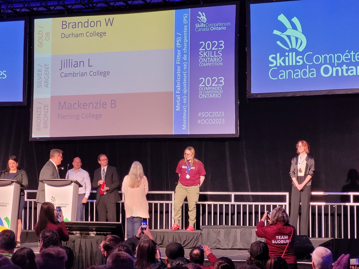 P_FGouveia's tweet photo. @cambriancollege on the podium for the third time as Jillian L. wins silver @skillsontario in Metal Fabricator - Fitter. #shieldpride #soc2023 https://t.co/U5STowKvUY