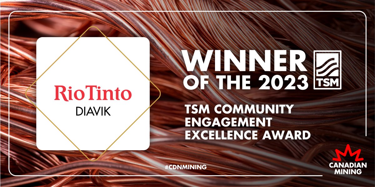 theminingstory's tweet photo. Congrats to @RioTinto’s Diavik Mine, this year’s #TSMining Community Engagement Excellence Award winner!
Rio Tinto has raised the bar when it comes to excellence in community engagement and innovative recycling practices 🏅♻️👏
https://t.co/I9A6GpiUhK https://t.co/TN644F8M5p