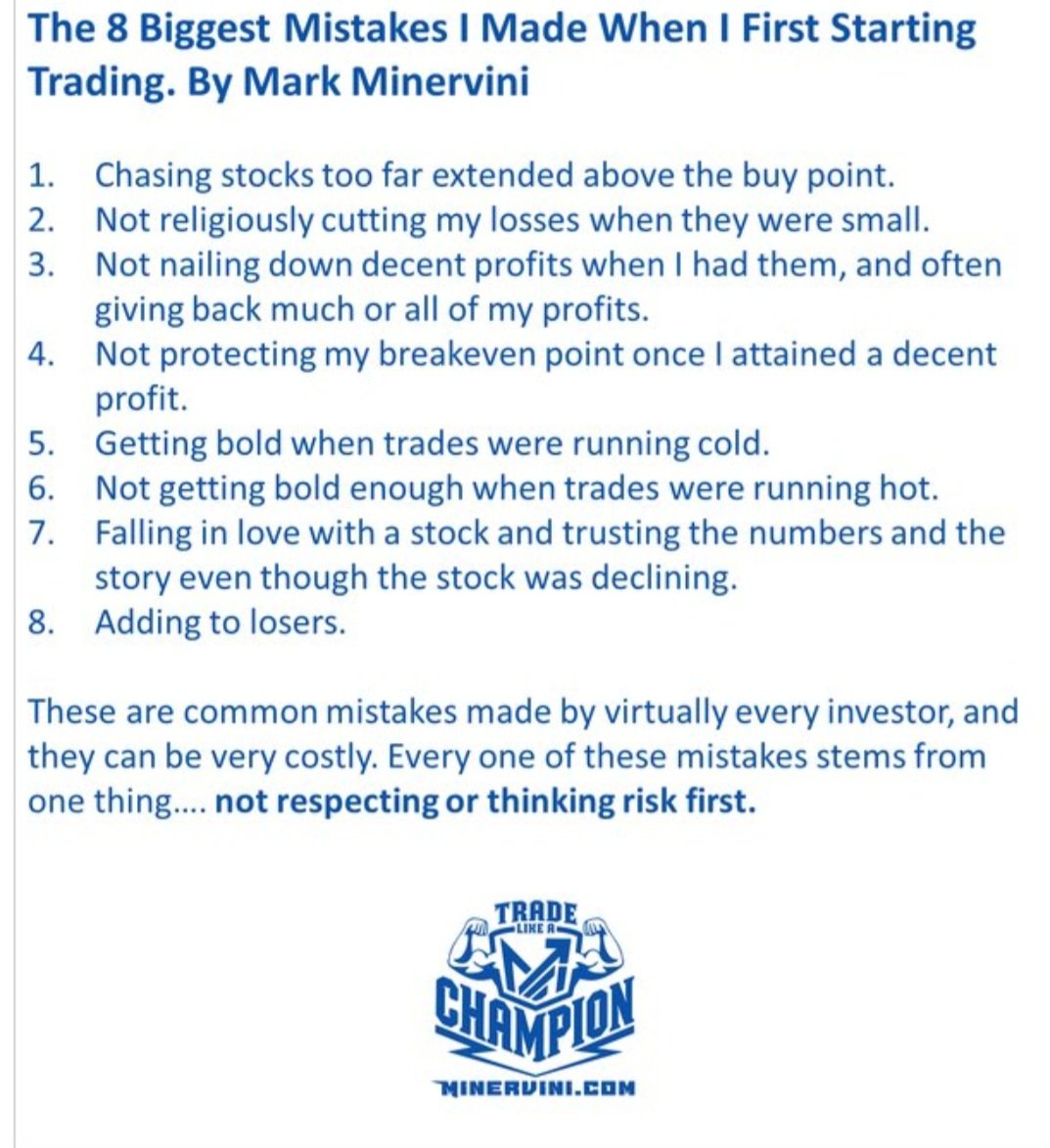 markminervini's tweet photo. How many of these mistakes can you say you NEVER make? If you want to trade like a champion, that should be your goal... not just making money, but how!  When you can honestly say you don't make ANY of these mistakes, you will be transformed as a trader. https://t.co/rTrumQMrUU