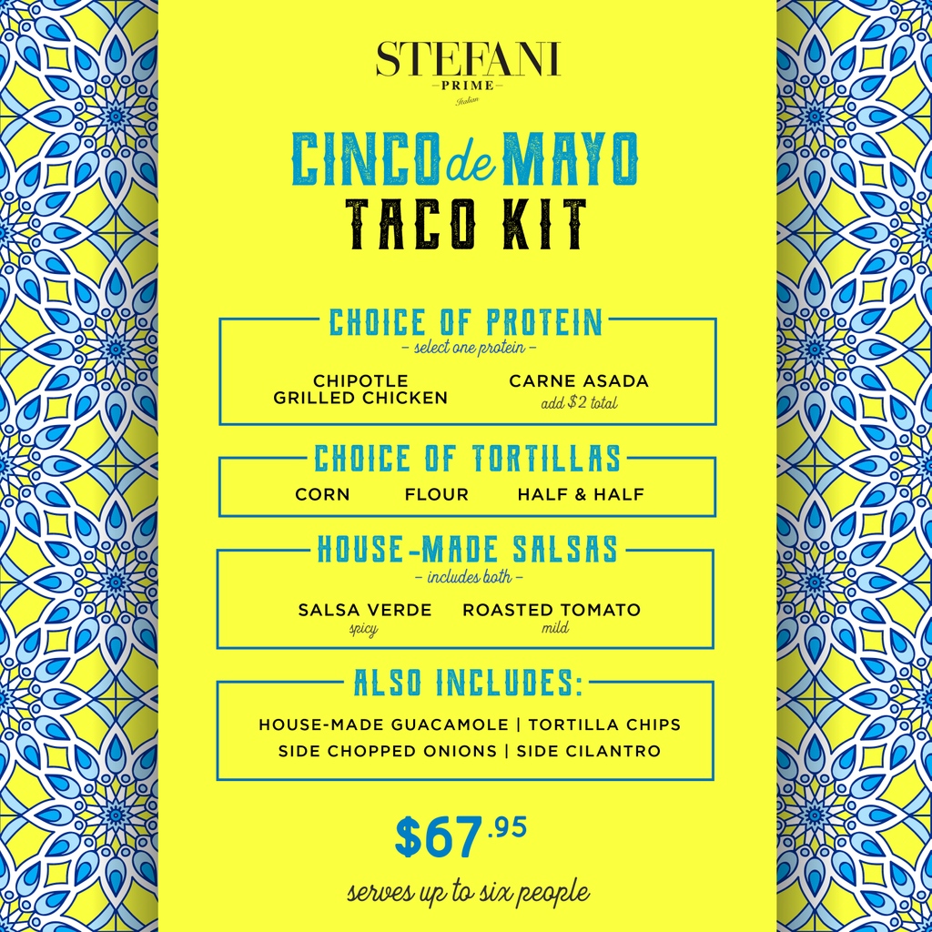 Have a Prime #CincoDeMayo! Our #TacoKits to-go are customizable with hand-made salsas & sides, & serve up to 6 for your #CincoCelebration. Place your orders by 6pm tomorrow! Pickup Friday, 5/5 between 4-6pm. 🌮💃  847.696.6755 #PrimeTacoKits