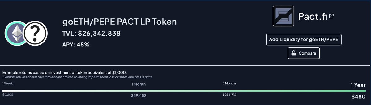 TeamAlgogator's tweet photo. Well, what other #AlgoOpportunity did you expect today?
🐸 $goEth / $PEPE 48% APY @pact_fi
Commit your #Pepe to liquidity directly from Algogator with #EasyLP!
Check this and other non-frog based opportunities at
https://t.co/zZxTU91xQ7 https://t.co/CLO8qcZBSs