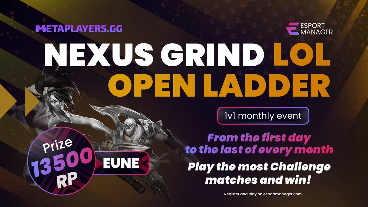 EsportManager_'s tweet photo. 🔥 Register now in the first LoL Ladder!🔥
Join to this tournament to track your challenge mathes and then start playing in our 1v1 challenge function! https://t.co/wbZlZVmcz0
💸 Prizepool: 13500 RP! 💸
#OpenLadder #LOL #Tournament #ESM https://t.co/PXQRV7SV1p