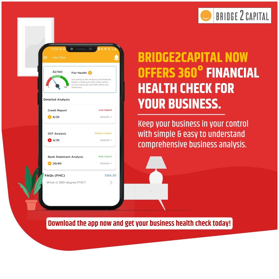 bridge2capital's tweet image. TO CHECK YOUR BUSINESS FINANCIAL HEALTH SCORE, JUST DOWNLOAD BRIDGE2CAPITAL FROM PLAYSTORE.

#Xtracap #Bridge2Capital #ChannelFinancing #FHC #BusinessHealth #BusinessGrowth #Business #Finance #Credit #BusinessLoan