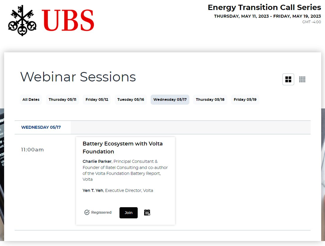 RatelConsulting's tweet photo. The UBS Energy Transition Call Series will be discussing the Battery Ecosystem with Volta Foundation on Wednesday 17-May-2023 at 11am ET. Register here: https://t.co/SaJ90YN3K2 https://t.co/gxFUdhDgLR