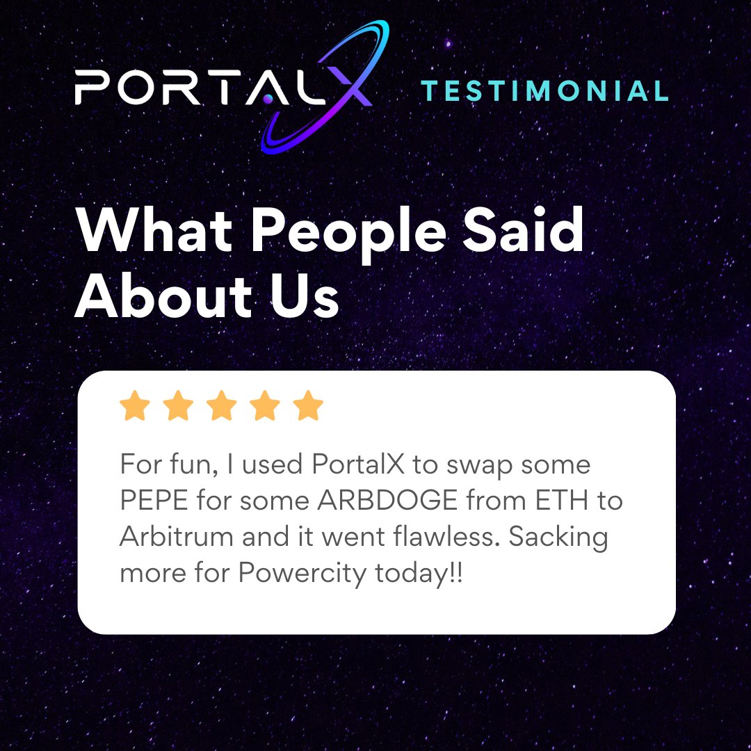 🎉 Check out this testimonial from a happy PortalXSwap.io user: 

🚀 Experience the seamless cross-chain trading yourself! $PEPE #PEPE #crypto #Ethereum $ETH #Arbitrum #ARBDOGE