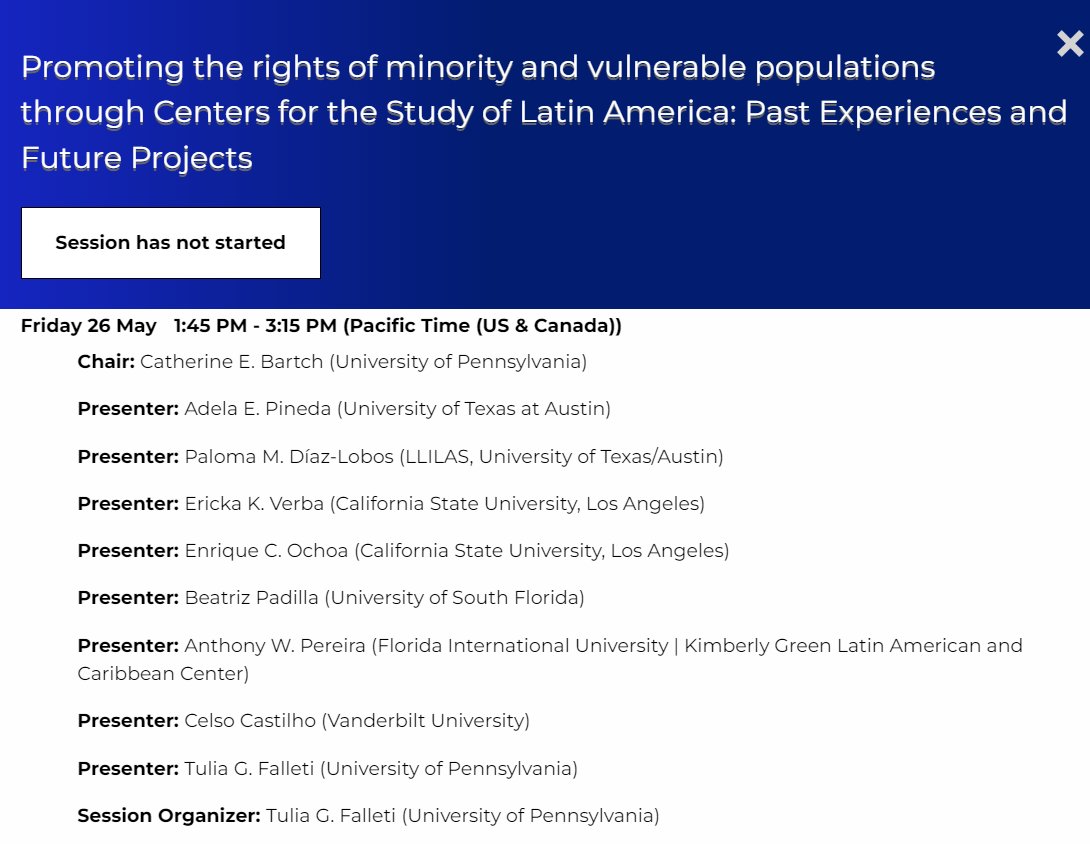 #LASA2023
Join us in our #LASA2023 roundtable Promoting the rights of minority and vulnerable populations through Centers for the Study of Latin America
May 26 @ 1:45pm (PT)
members.lasaweb.org/prot/Program/S…