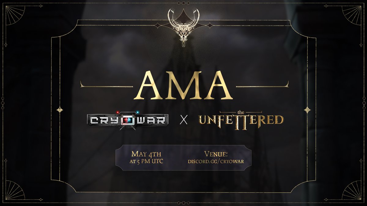 Upcoming AMA Announcement

Join us for the upcoming #AMA with @CryowarDevs and witness the secrets of #TheUnfettered be revealed!

Host: @NFTxSira (Community Moderator - Cryowar)
Guest: @ufukdogancrypto (Game Lead - The Unfettered)
Date: May 4th at 5 PM UTC
Venue: