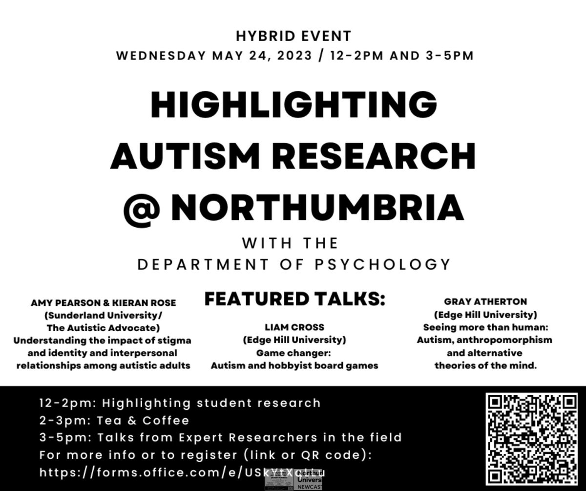 I'm really looking forward to this fabulous event 'Highlighting Autism Research @ Northumbria', hosted by the Dept of Psychology. It's a hybrid event, so feel free to join virtually if you're not based in Newcastle! Link to register: forms.office.com/e/USkYtXqLLu