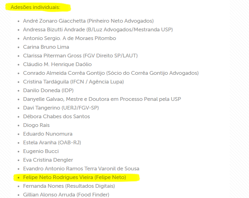 MBLivre's tweet photo. Vejam que coisa curiosa: em 2020, a ABRAJI, Associação Brasileira de Jornalismo Investigativo, soltou uma matéria se colocando CONTRA o PL 2630. Na época, Felipe Neto assinou a nota junto com as bigtechs. https://t.co/zFHcszKUQs