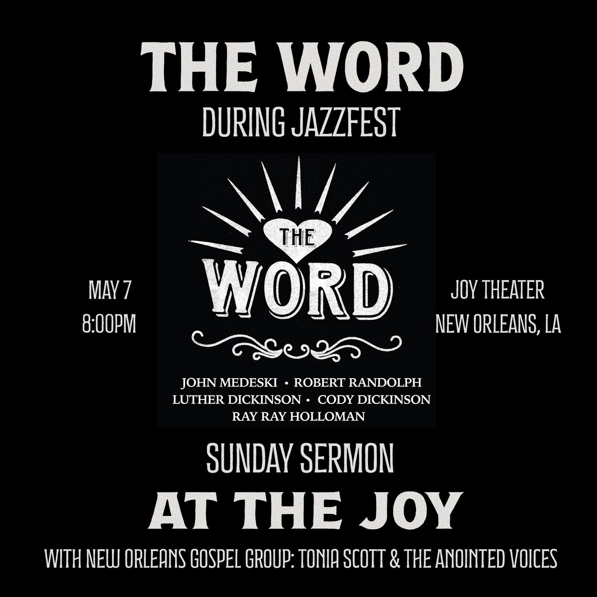 We're gonna bring JOY to The Joy on Sunday! @JoyTheate with @TheWordTheBand! The weekend wouldn't feel complete without it.    Tickets are still available at bit.ly/3VrfQVC, grab them while you can.   #nola #jazzfest #theword #joytheater