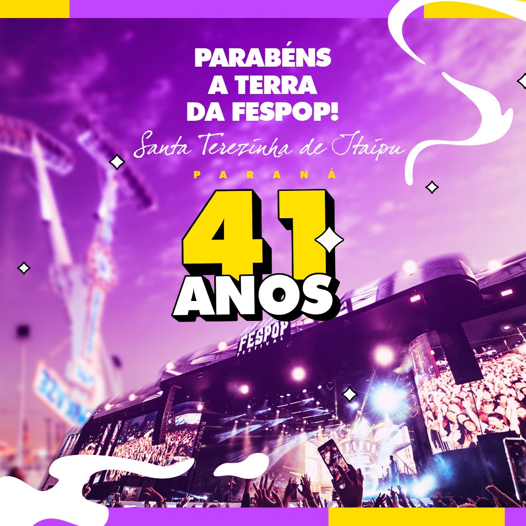 Parabéns Santa Terezinha de Itaipu!💛

A TERRA DA FESPOP FESTIVAL completa hoje, 41 anos de muitas histórias, conquistas e avanços!

Um município precursor que sempre esteve à frente do seu tempo. Nosso orgulho desta cidade que é referência para o mundo! ❤️‍🔥