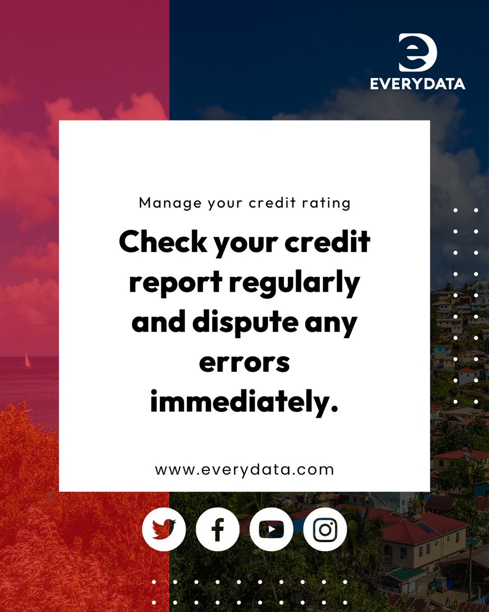 everydatagroup's tweet image. Be proactive about your credit rating.  Request a copy of your credit report annually and dispute any issues promptly.  #everydata #everydatagroup #everydatajamaica #everydataguyana #everydatabarbados #everydataeccu #creditbureau #morethanacreditbureau #bigdata #dataanalytics