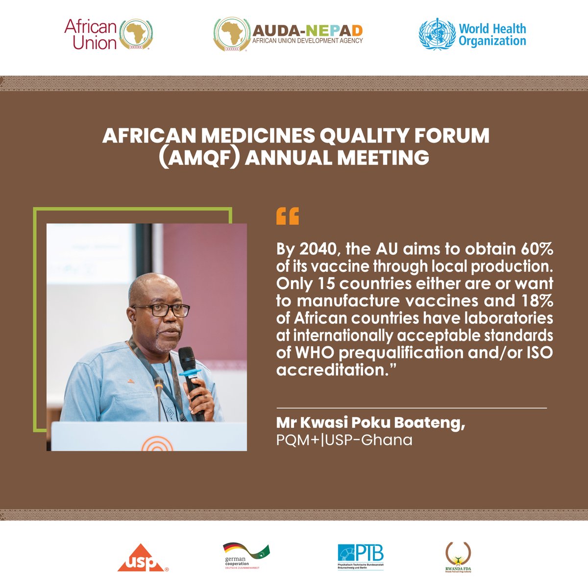 IGIHE's tweet photo. The 6th Annual Meeting of the African Medicines Quality Forum (#AMQF) is underway in Kigali, Rwanda! Hosted by @RwandaFDA in collaboration with @WHO, @NEPAD_Agency, @USPharmacopeia & @ptb_q5, this year's focus is on building capacities for safe and effective vaccines and biologics testing in Africa. #AMQF2023
