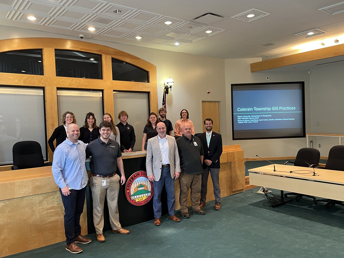 GeogMiamiOH's tweet photo. GEO 460/560 "Practical Applications in GIS" students Joeh Coots, Luke Thorne, Zoe Blank, Reena Murphy, Juliana Curtis, Rebecca Bauer, Charlie Johnstone present their recommendations to Colerain Township on GIS Practices. https://t.co/ashluaG1hU