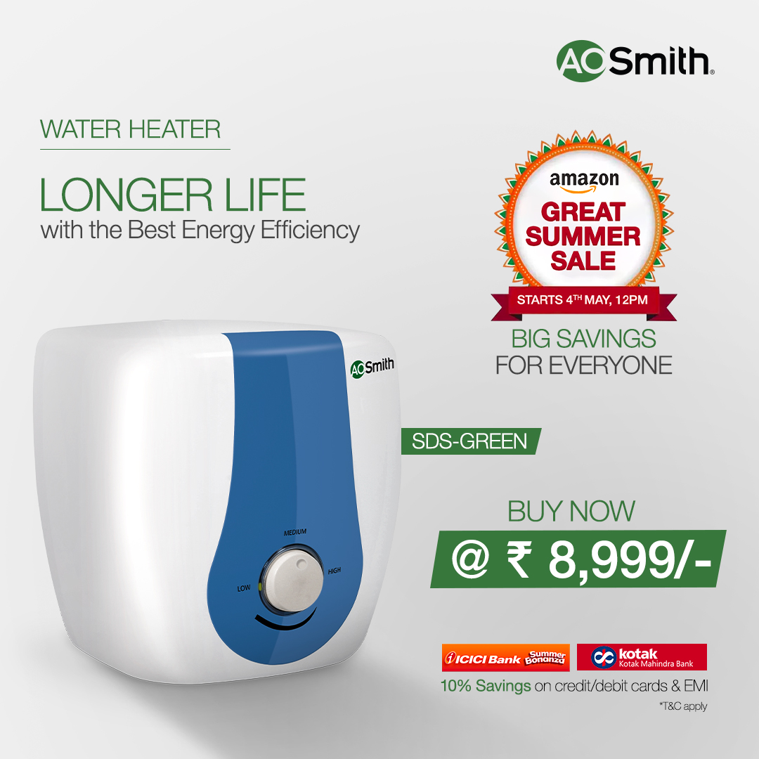 With a 7-year warranty on the tank, the A. O. Smith SDS-Green is the perfect water heater for a household free of worries. Get it now at the Amazon Great Summer Sale at just ₹8,999! Link: amzn.to/3GLZqQY #AOSmith #SDSWaterHeater #StorageWaterHeater #GreatSummerSale2023