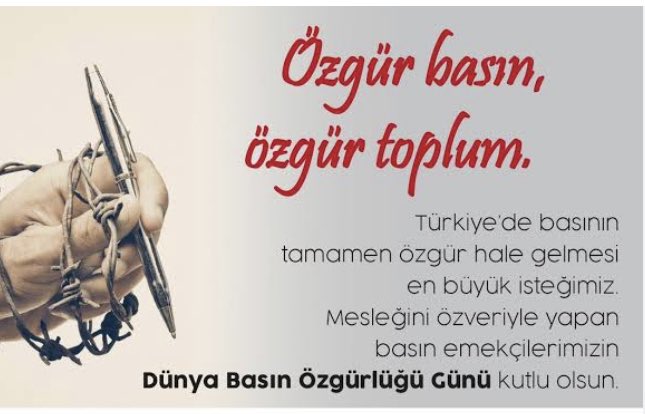 Doğru haberlerin yapıldığı, insanları kandırmadan karalamadan özgürce ifade edebilecekleri  tarafsız bir 𝐁𝐀𝐒𝐈𝐍 İstiyoruz.Mesleğini özveriyle yapan basın emekçilerimizin 𝘿𝙪̈𝙣𝙮𝙖 𝘽𝙖𝙨ı𝙣 𝙊̈𝙯𝙜𝙪̈𝙧𝙡𝙪̈𝙜̆𝙪̈ 𝙂𝙪̈𝙣𝙪̈ 𝙆𝙪𝙩𝙡𝙪 𝙊𝙡𝙨𝙪𝙣.