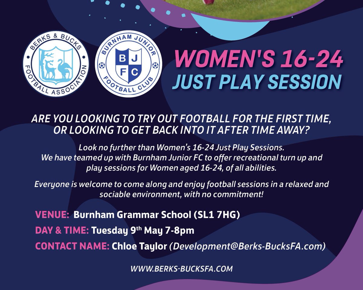 ⚽️♀️ | Brand-new Just Play Session in Burnham!

Ourselves &amp; Burnham Junior FC have joined forces to provide recreational football opportunities for any females aged 16 to 24!

Contact us for more info ⬇️
