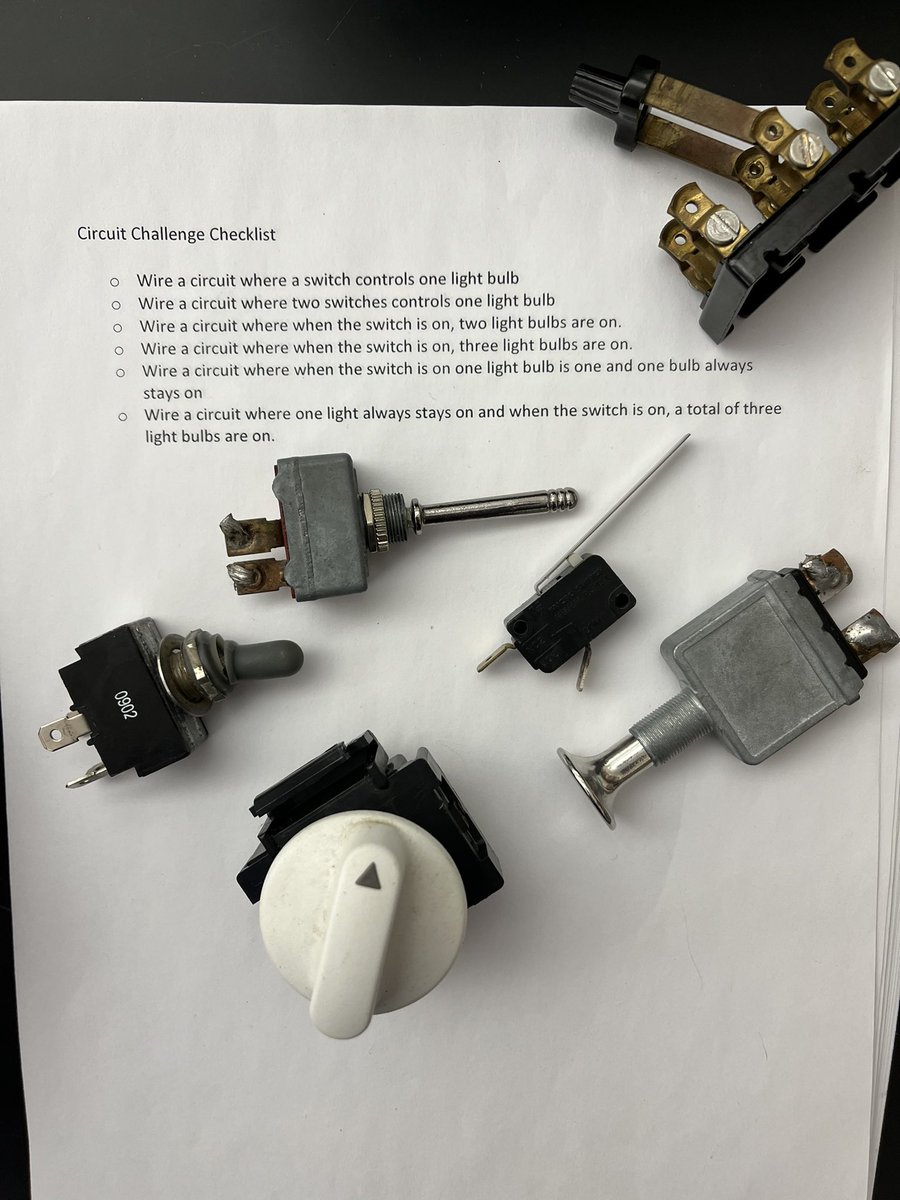 Students in conceptual physics are doing the circuit challenge today.  I’ve been keeping a horde of random switches for this.  #iteachphysics