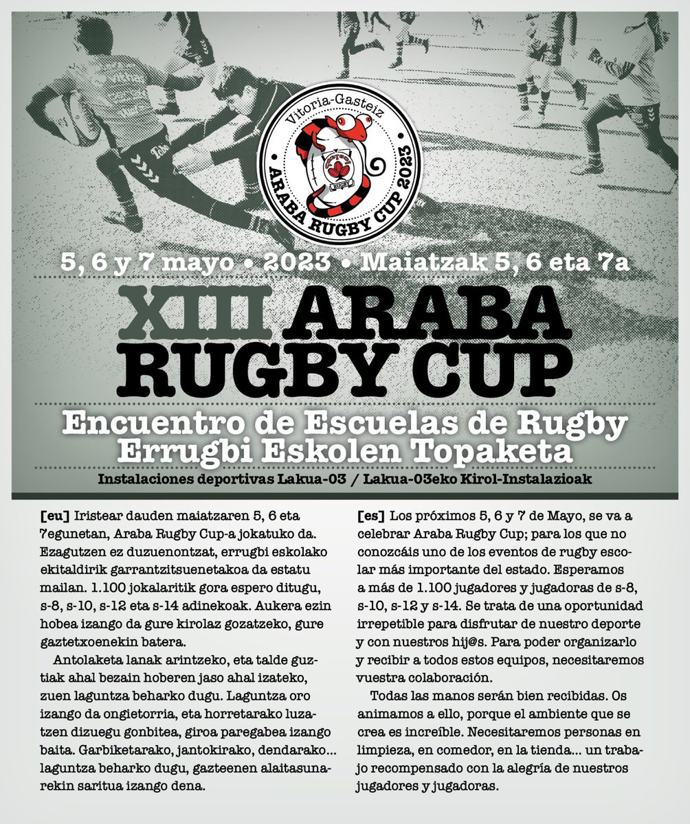 GAZTEDI_RUGBY's tweet photo. 1300 jugadores de rugby se darán cita este fin de semana en Vitoria-Gasteiz.
#arabarugbycup https://t.co/VDvZB1l4Ce