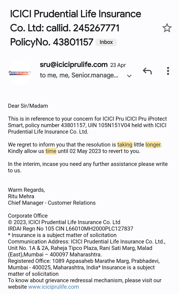 subhaswagat's tweet photo. @ICICIPruLife This is the 5th time, your so called team has missed timeline. They mentioned in email (attached) that they will resolve by 2nd May, it's 3rd but no update yet. Pathetic organisation. 
Learn atleast a bit from Maxlife on customer relationship https://t.co/RyEqcGCHrA