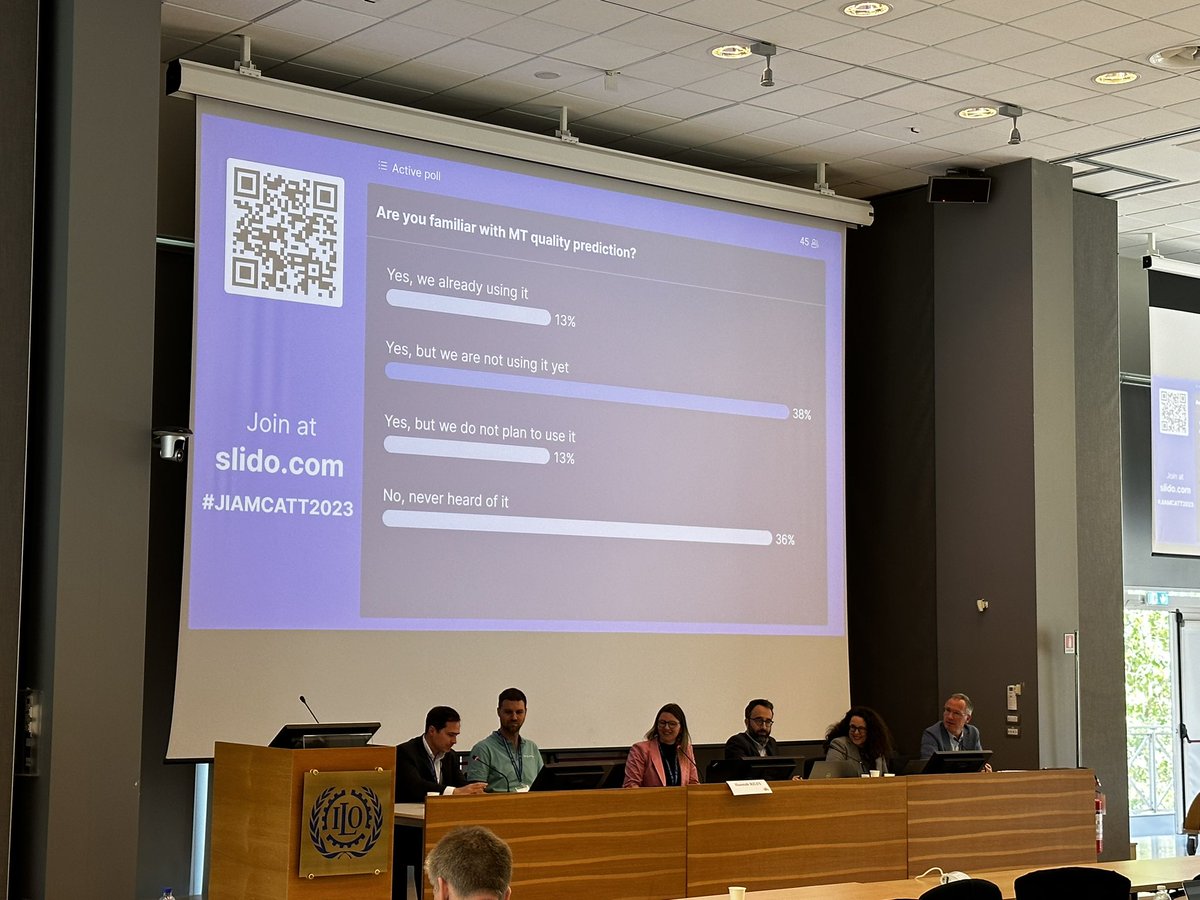 Jiamcatt2's tweet photo. And to round the 1st day of #JIAMCATT2023 off we have a panel on #MT #quality prediction (#AI for more efficient post editing). @WIPO @translatores @modelfront @danielejulian83 #bernslanguageconsulting #comparis @H_L_Riley @EU_EESC https://t.co/H4Buz8BWtg
