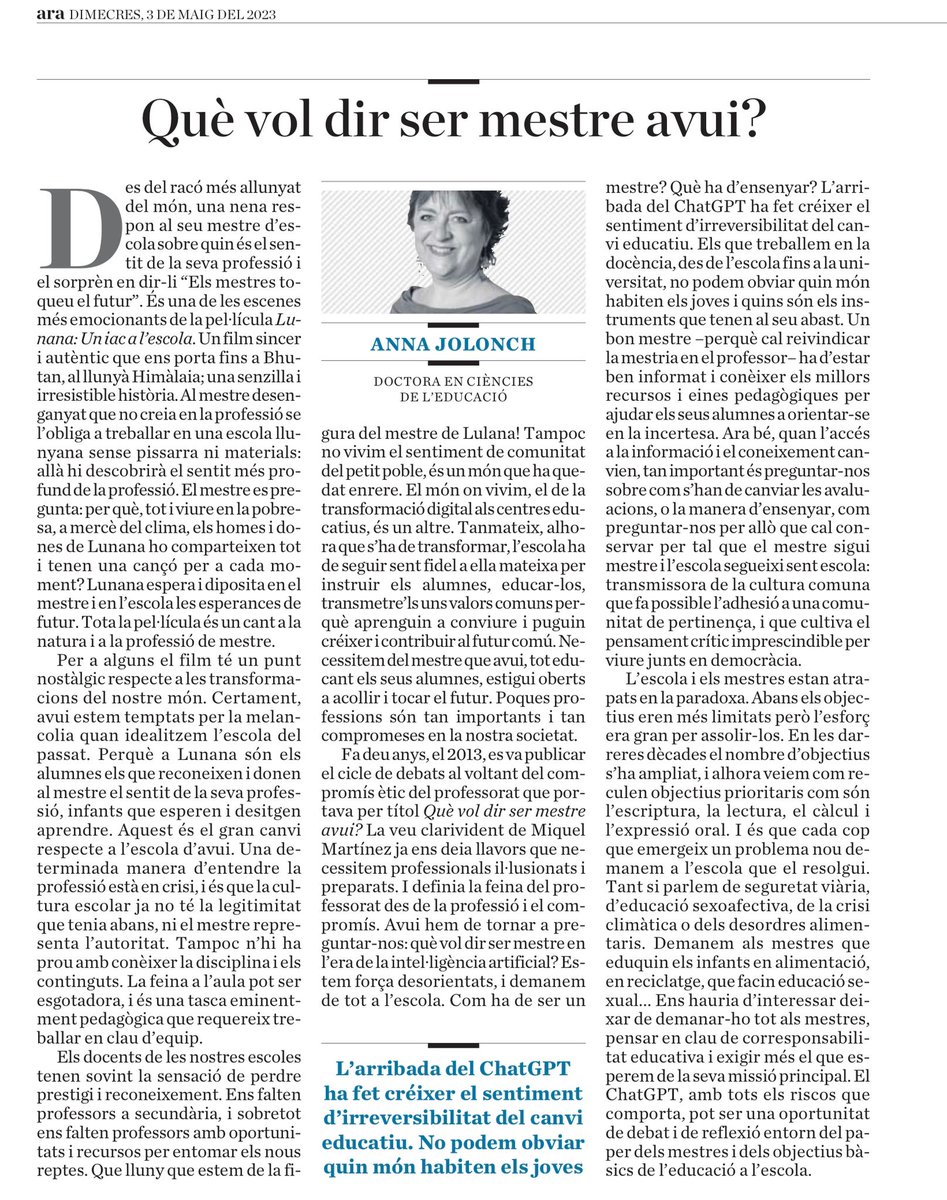 Toni Burgaya (@aburgaya) on Twitter photo No et perdis la reflexió de l'<a href="/AnnaJolonch/">Anna Jolonch</a> sobre què vol dir ser mestre avui?
<a href="/diariARA/">diariARA</a> <a href="/escolapiacat/">Escola Pia Catalunya</a> <a href="/lid_barcelona/">LID Barcelona - Centre de Lideratge Educatiu</a> No et perdis la reflexió de l'<a href="/AnnaJolonch/">Anna Jolonch</a> sobre què vol dir ser mestre avui?
<a href="/diariARA/">diariARA</a> <a href="/escolapiacat/">Escola Pia Catalunya</a> <a href="/lid_barcelona/">LID Barcelona - Centre de Lideratge Educatiu</a>