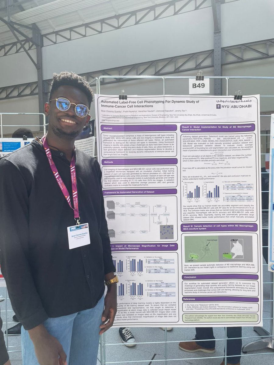 JeremyTeoLab's tweet photo. This is @BrianQuartey, a Bioengineering senior in our lab presenting his work at #CMBBE2023. His work involves the use of machine learning to automate the classification of different cell types in multi-cell culture situations. https://t.co/UV8ZiZz5gz