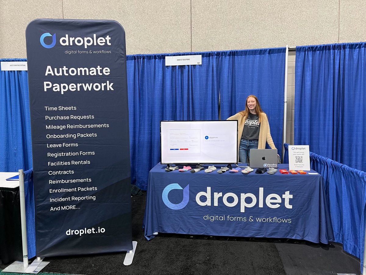 DropletInc's tweet photo. Don't miss our booth at #IASBOAC23! Visit us at booth 901 to experience our game-changing digital forms and workflow automation platform that will knock your socks off. And don't worry, we've got you covered with a fresh new pair of socks! #workflowautomation #digitalforms https://t.co/ejY2JML3Ct
