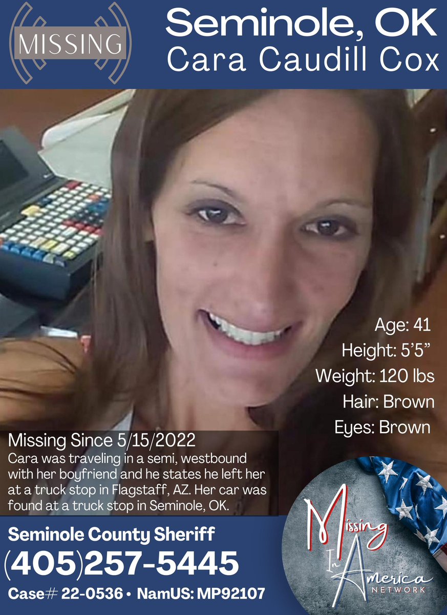 missingNamerica's tweet photo. Cara Caudill Cox 🚨 MISSING 🚨 #BOLO 👀 Seminole, OK since 5/15/22
Cara has been missing for a year this month, it is time to bring her home to her family. #MissingInAmericaNetwork 🇺🇸 #MissingInArizona @MissingNArizona #MissingInOklahoma @Peanut_Gallery3 @GurlGeekInFL https://t.co/u1hGcWM4rP